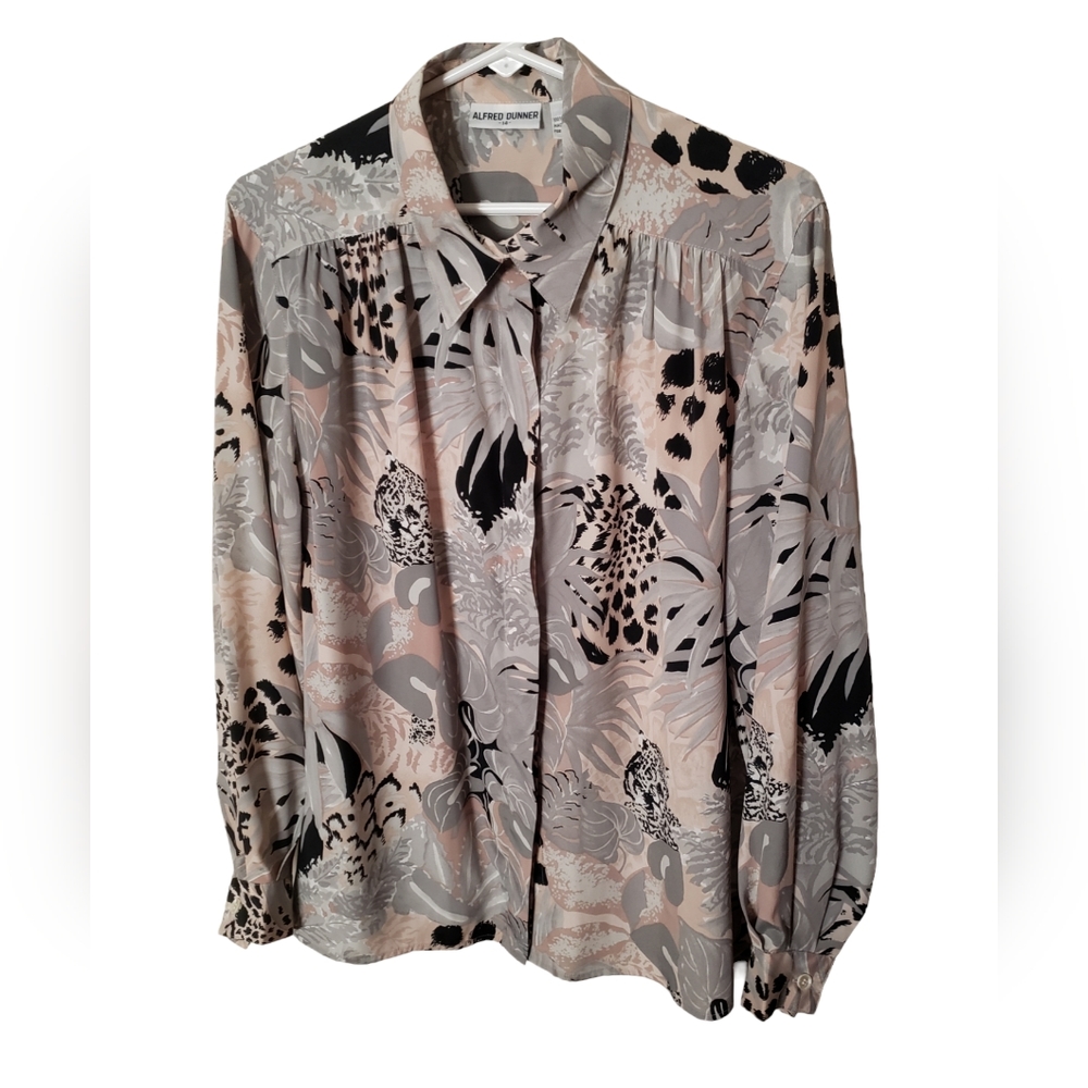 Alfred Dunner Cheetah Safari Long Sleeve Button Up Blouse